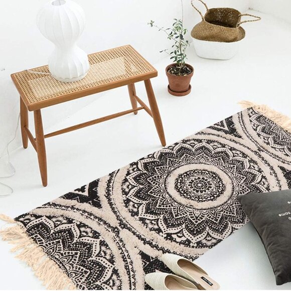 MANDALA DESIGN HAND WOVEN ACCENT RUNNER RUG WITH FRINGE TASSELS - Picture 6 of 7
